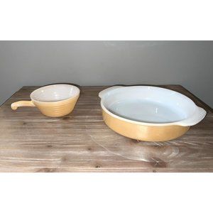 Vintage Fire King Peach Luster Round Cake Pan and Beehive Handle Soup Bowl
